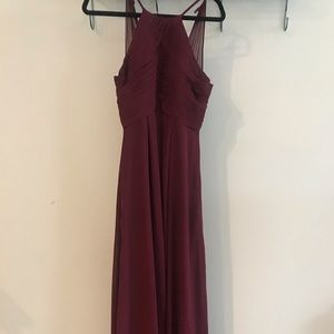 Long burgundy halter dress.